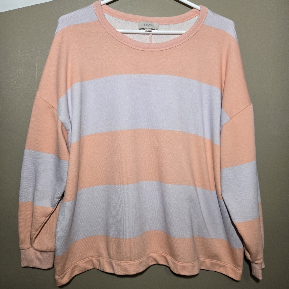Loft Women's Peach & Soft Lilac Striped Sweatshirt Pullover Size Medium Crewneck